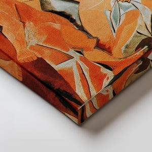 Puede incluir: Impresi&oacute;n en lienzo de una obra de arte abstracta en tonos c&aacute;lidos. La obra utiliza naranja, marr&oacute;n y blanco, creando un efecto texturizado y en capas. La impresi&oacute;n est&aacute; estirada sobre un marco de madera.