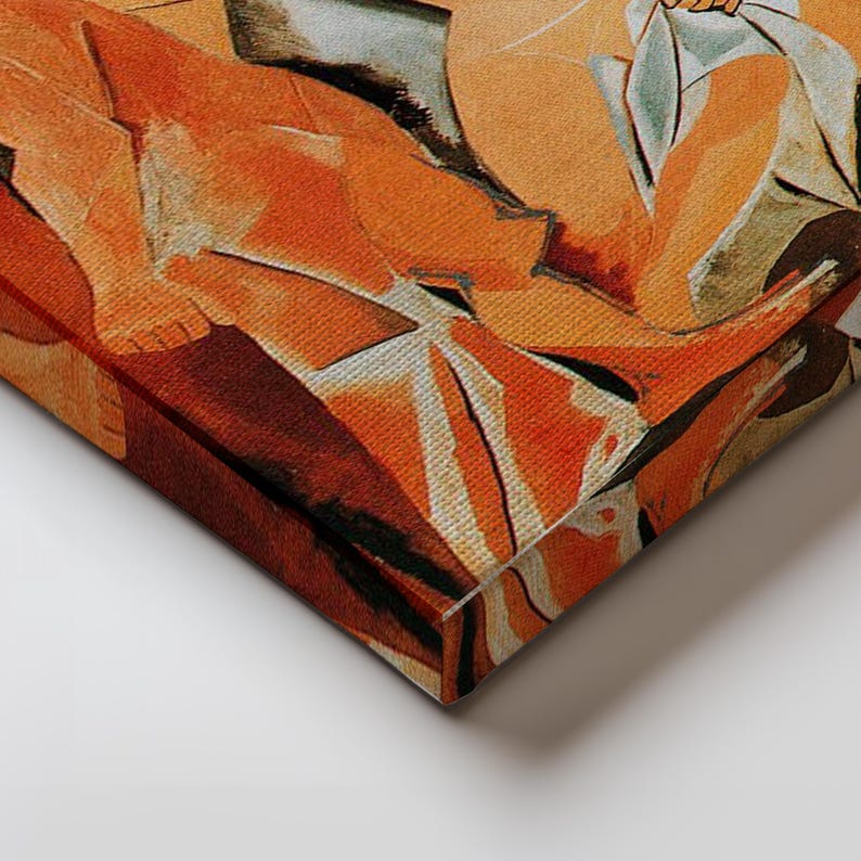 Puede incluir: Impresi&oacute;n en lienzo de una obra de arte abstracta en tonos c&aacute;lidos. La obra utiliza naranja, marr&oacute;n y blanco, creando un efecto texturizado y en capas. La impresi&oacute;n est&aacute; estirada sobre un marco de madera.