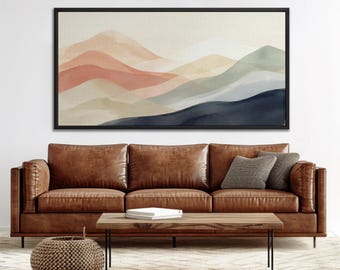 Neutral Mountain Landscape Framed Canvas Wall Art, Abstract Pastel Hills Print, Minimalist Boho Decor, Wide Living Room Wall Art