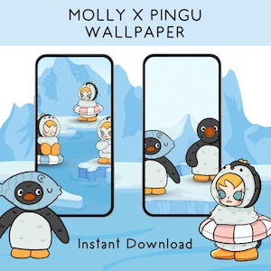 Bebé Molly x Pingu: lindo fondo de pantalla para iPhone, popmart, personajes adorables, dibujos animados kawaii