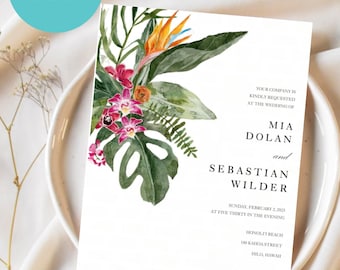 Tropical Romantic Beach Wedding Hawaii Floral Leaves Water Color Customizable Invitation