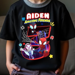 T-shirt d'anniversaire araignée inspiré, fête à thème Spidey et ses amis, chemises de famille assorties, anniversaire tout-petit, t-shirt pour jeune, toutes les tailles, TS14