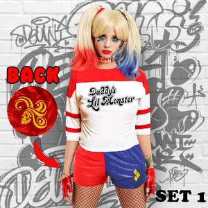Girls Halloween Costume HQ Halloween Harley Costume Outfit Women and Girl Harley Set Short red and Blue T shirt personalized Gift for Girl