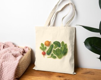 Eco-Friendly Cotton Canvas Tote Bag with Vegetable Design, Reusable Grocery Bag, Market Tote, Eco-Conscious Gift, Gardening Accessory