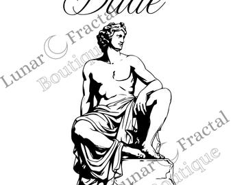 Könnte beinhalten: Schwarz-weiß-Linienzeichnung einer sitzenden Figur mit dem Wort "Dude" über der Figur. Die Figur trägt eine togaartige Kleidung und sitzt auf einem Felsen.