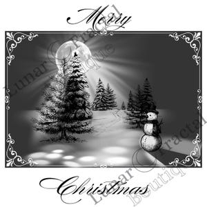 Feliz noite de Natal boneco de neve download digital em png e jpg, design de boneco de neve vintage, noite de Natal, floresta de inverno, lua cheia de Natal