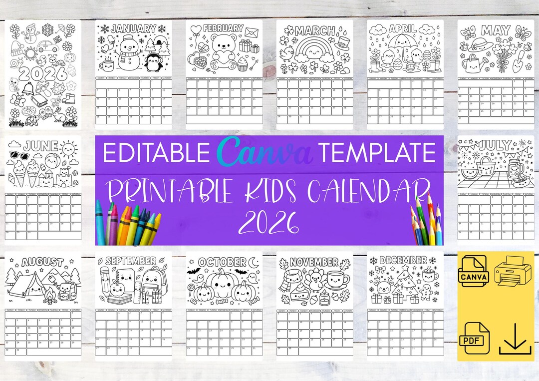 2026 Printable Calendar for Kids, Cute Educational Wall Planner ...