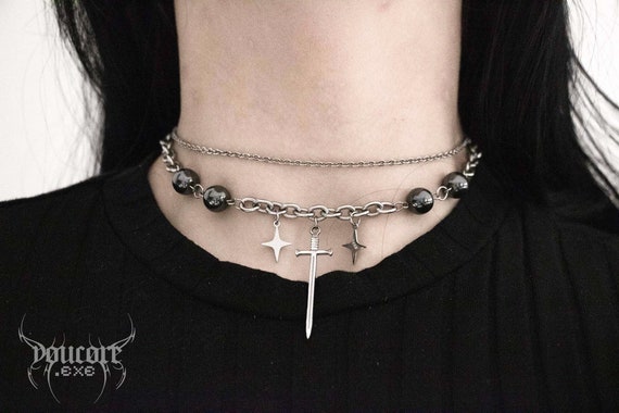 Grunge Goth Alternative Necklace, Layered Jewelry, Witchy Gemstone