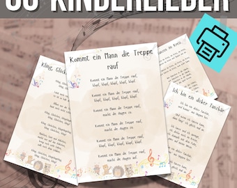 80 Kinderlieder zum Ausdrucken | PDF A4 Format sofort herunterladen | Kindergarten Aktivität | Kinder Lieder für Erzieher in der Kita