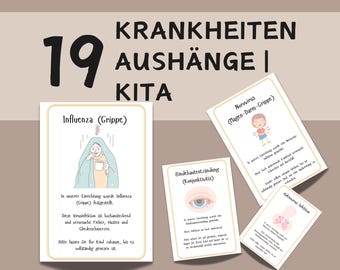 May include: A set of 19 printable posters for a daycare or preschool. The posters are designed to inform parents about common childhood illnesses, such as influenza, conjunctivitis, and norovirus. Each poster features a cartoon illustration and a brief description of the illness.