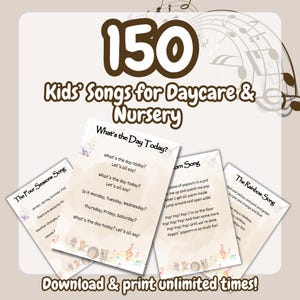 Könnte beinhalten: Ein digitaler Download von 150 Kinderliedern für die Kindertagesstätte und den Kindergarten. Das Bild zeigt drei Liederblätter mit bunten Illustrationen und Texten. Der Text auf dem Bild lautet "What's the Day Today?", "The Four Seasons Song" und "The Rainbow Song".