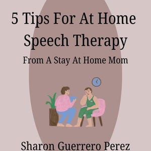 Könnte beinhalten: Illustration mit dem Text "5 Tipps für die Sprachtherapie zu Hause von einer Hausfrau" und dem Namen des Autors. Das Bild zeigt zwei Personen in einer Therapiesitzung, mit einer Pflanze und einer Uhr.