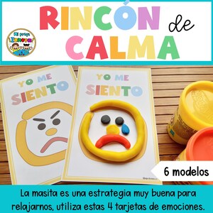 May include: Four colorful cards with the text "Yo me siento" and different facial expressions made with playdough. The cards are part of a calming corner activity for children. The text "6 modelos" is visible in the bottom right corner of the image.