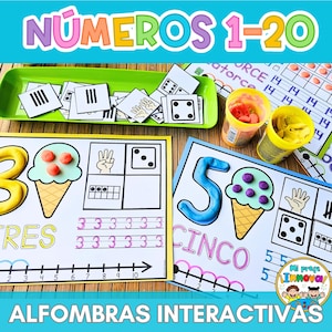 May include: Educational materials for learning numbers 1-20. The image shows colorful number cards, play dough, and a green tray with dominoes. The text "NÚMEROS 1-20" is at the top. The theme is interactive learning for children.