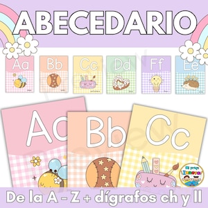 May include: A set of educational alphabet cards featuring pastel colours, checkered patterns, and illustrations for each letter. The cards display uppercase and lowercase letters alongside drawings of a bee, ball, pencil case, donut, lightbulb, and hedgehog.