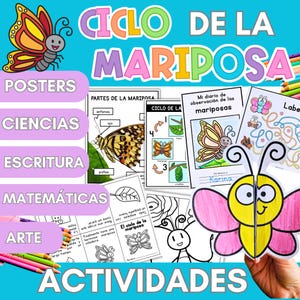 Może przedstawiać: Materiały edukacyjne z motywem motyla. Obraz zawiera plakaty, naukę, pisanie, matematykę i zajęcia plastyczne. Tekst "CICLO DE LA MARIPOSA" jest wyświetlany u góry, z ilustracjami motyli i ich cyklu życia.