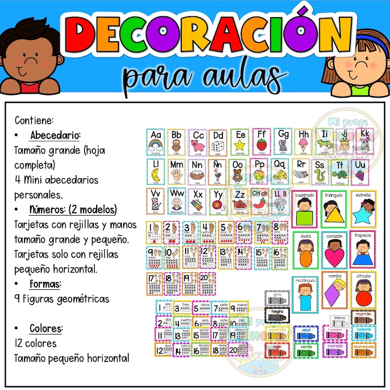 May include: Educational classroom decoration set with colorful alphabet cards, numbers, geometric shapes, and color charts. Includes large and small format cards for versatile learning activities. Features the text "DECORACI&Oacute;N para aulas".