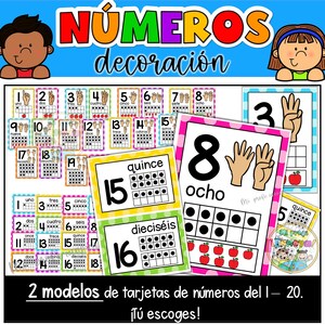 May include: Colorful educational flashcards with numbers 1-20 in Spanish. The cards feature illustrations of fingers, dots, and Spanish number words. The image includes the text "N&Uacute;MEROS decoraci&oacute;n" and "2 modelos de tarjetas de n&uacute;meros del 1 &ndash; 20. &iexcl;T&uacute; escoges!"