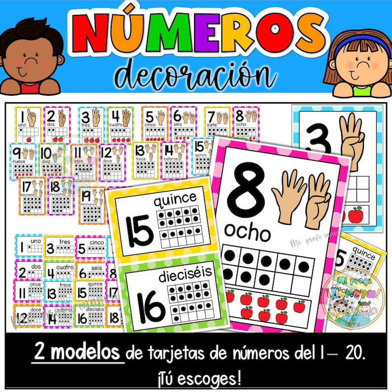 May include: Colorful educational flashcards with numbers 1-20 in Spanish. The cards feature illustrations of fingers, dots, and Spanish number words. The image includes the text "N&Uacute;MEROS decoraci&oacute;n" and "2 modelos de tarjetas de n&uacute;meros del 1 &ndash; 20. &iexcl;T&uacute; escoges!"