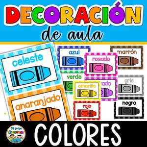 May include: Colorful classroom decoration featuring crayon illustrations and color names in Spanish. The image includes cards with colors like blue, green, and orange, with the word "COLORES" at the bottom.