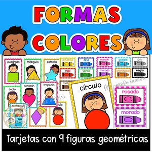 May include: Educational flashcards with shapes and colors in Spanish. The cards feature illustrations of geometric shapes like circles, triangles, and squares, along with color names. The title "FORMAS COLORES" is displayed in large, colorful letters.