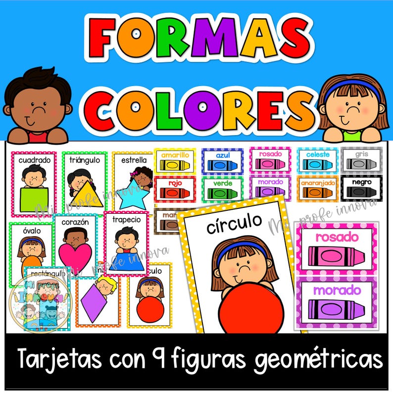 May include: Educational flashcards with shapes and colors in Spanish. The cards feature illustrations of geometric shapes like circles, triangles, and squares, along with color names. The title "FORMAS COLORES" is displayed in large, colorful letters.