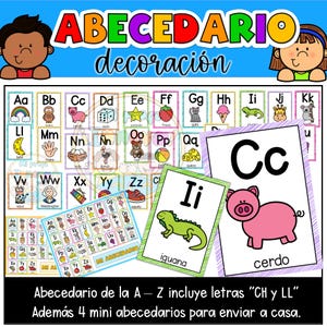 May include: Colorful Spanish alphabet flashcards for decoration, featuring letters A-Z with illustrations. Includes mini alphabet charts and individual cards with images of a pig, iguana, and more. The text says "Abecedario decoraci&oacute;n".