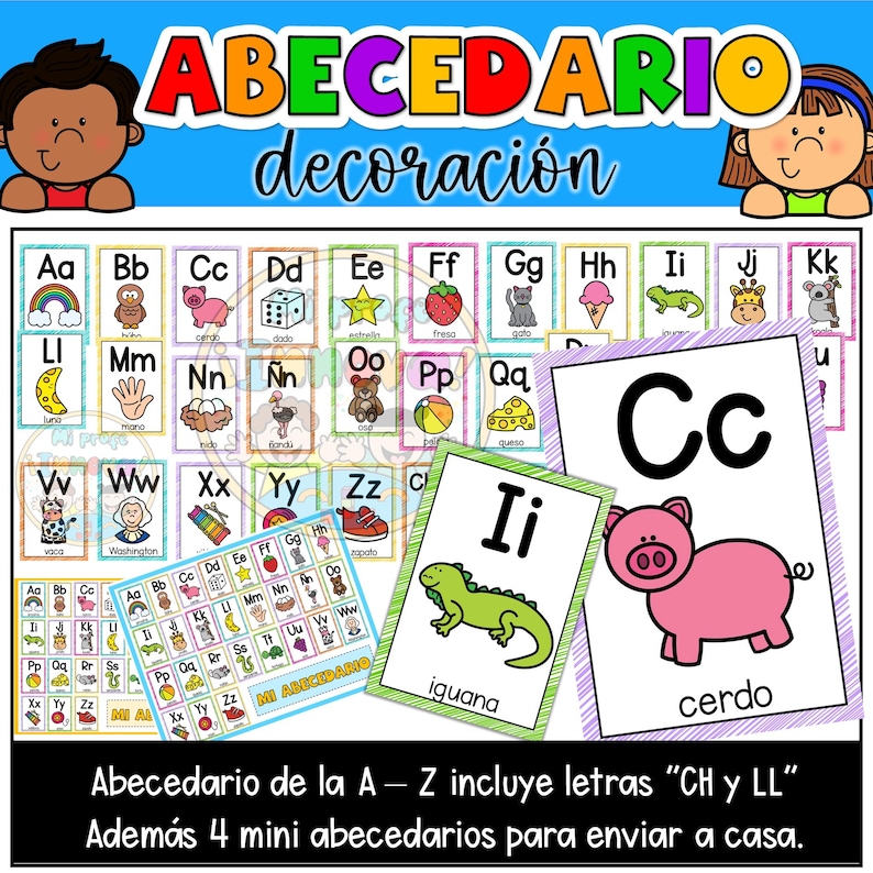 May include: Colorful Spanish alphabet flashcards for decoration, featuring letters A-Z with illustrations. Includes mini alphabet charts and individual cards with images of a pig, iguana, and more. The text says "Abecedario decoraci&oacute;n".