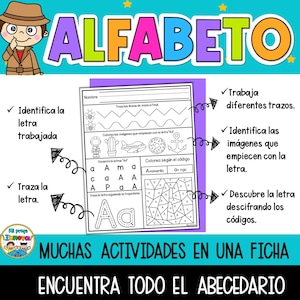 May include: A colourful worksheet for learning the letter "A" in Spanish. The worksheet includes tracing lines, colouring pictures, and a colour-by-number activity. The worksheet is titled "ALFABETO" and has the words "MUCHAS ACTIVIDADES EN UNA FICHA" and "ENCUENTRA TODO EL ABECEDARIO" at the bottom.
