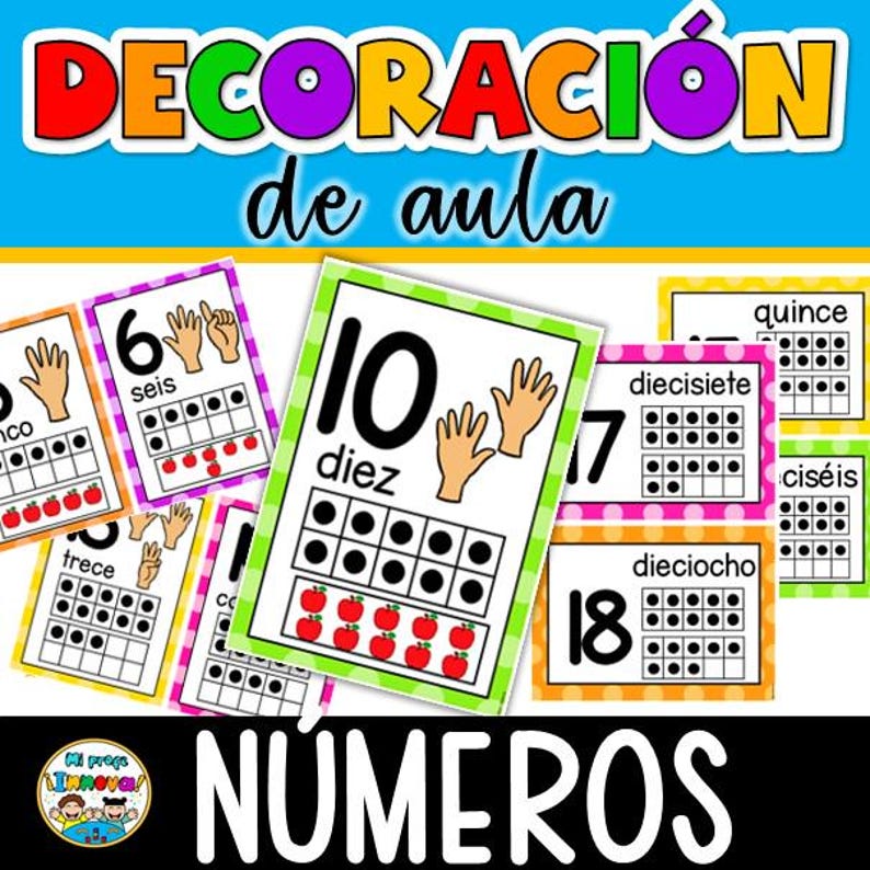May include: Colorful educational flashcards with numbers and illustrations. The cards feature numbers from 6 to 18, with corresponding hand gestures, dots, and apple graphics. The text "DECORACI&Oacute;N de aula" and "N&Uacute;MEROS" are visible.