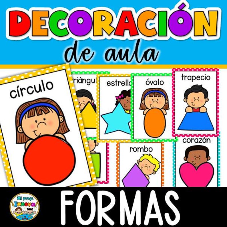May include: Educational classroom decor featuring colorful shape flashcards. Each card displays a shape like a circle, star, or heart, with a corresponding cartoon illustration. The text "DECORACION de aula" and "FORMAS" are visible.