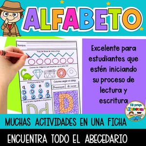 May include: A colourful worksheet with the word "ALFABETO" at the top. The worksheet features various activities for learning the letter "D" in Spanish, including tracing lines, colouring pictures, and finding the letter in a word search. The text "MUCHAS ACTIVIDADES EN UNA FICHA" and "ENCUENTRA TODO EL ABECEDARIO" are also included.