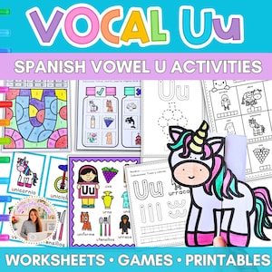 May include: A collection of educational Spanish vowel U worksheets, games, and printables featuring a colorful unicorn, letter tracing exercises, and illustrations of words starting with U like uva, urna, uno, uniforme, and utensilios.