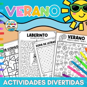以下が含まれることがあります： カラフルな文字で「VERANO」と書かれた夏をテーマにしたアクティビティシート。迷路、単語検索、カウントエクササイズ、サングラスをかけた漫画の太陽、そして「ACTIVIDADES DIVERTIDAS」というテキストが含まれています。