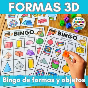 Pode incluir: Dois cartões de bingo coloridos com imagens de formas e objetos 3D. Os cartões são intitulados "Bingo Formas 3D". O texto "Bingo de formas y objetos" está na parte inferior da imagem.