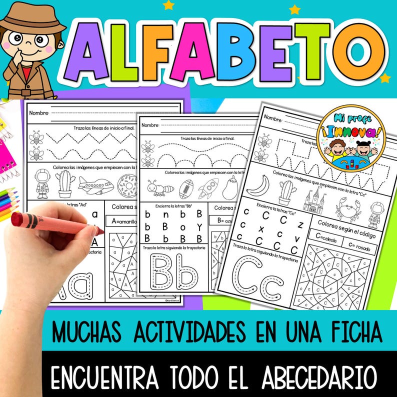 May include: A black and white worksheet with the Spanish word "ALFABETO" at the top. The worksheet features activities for learning the Spanish alphabet, including tracing lines, colouring pictures, and matching letters. The worksheet is designed for young learners.