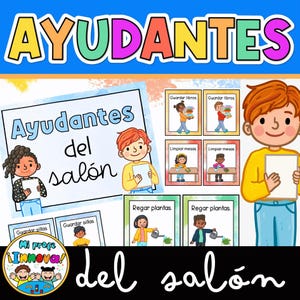 Peut inclure: Tableau d'aide scolaire coloré avec le mot "AYUDANTES" en haut. Le tableau comprend des illustrations d'enfants effectuant des tâches telles que "Guardar libros" et "Regar plantas". Le texte "Ayudantes del salón" est également présent.