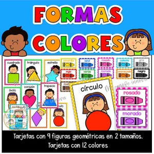 May include: Educational flashcards with the words "FORMAS COLORES" in large, colorful letters. The cards feature geometric shapes and colors, with illustrations of children and crayons. The text on the cards reads "Tarjetas con 9 figuras geom&eacute;tricas en 2 tama&ntilde;os. Tarjetas con 12 colores."