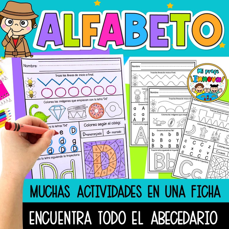 May include: A black and white worksheet with the word "ALFABETO" at the top. The worksheet has several activities for learning the Spanish alphabet, including tracing lines, colouring pictures, and finding letters. The worksheet is designed for young children.