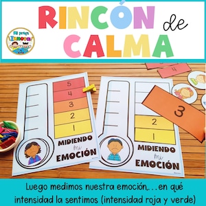 May include: Two thermometers with red and yellow markings, labeled "Midiendo mi Emocion" (Measuring my Emotion). The thermometers are used to help children identify and measure their emotions.