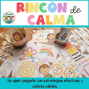 May include: A set of printable resources for a calming corner in a classroom or home. The resources include a rainbow, a flower, a spiral, and a thermometer for measuring emotions. The text in the image reads "Rinc&oacute;n de Calma" which translates to "Calming Corner".