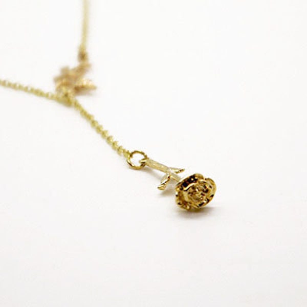 Long Stemmed Gold or Silver Rose Floral Lariat, Dainty Rose Flower Necklace, Minimalist Gold or Silver Rose Blossom Pendant