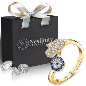 Nesfinity Nazar Boncuk Ring 925 Silver Gold Plated | Adjustable Women&#39;s Ring | Fatima Hamsa & Evil Eye Talisman | Turkish Eye Jewelry