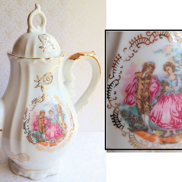 Vintage Porcelain White Teapot. Romantic Victorian Scene. Shabby Chic. Gold. Pink. Floral. Elegant. Home Decor. Pastel. 1970s.