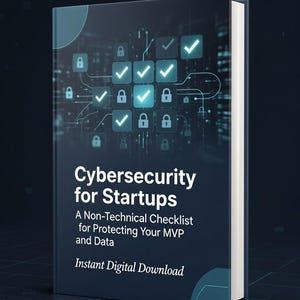 May include: A book titled "Cybersecurity for Startups" with a dark blue cover. The cover features a network graphic with locks and checkmarks. The text includes "A Non-Technical Checklist for Protecting Your MVP and Data" and "Instant Digital Download."