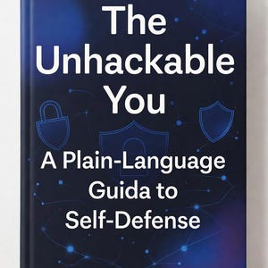 Op de afbeelding: Een boek getiteld "The Unhackable You" met de ondertitel "A Plain-Language Guide to Self-Defense". De omslag is donkerblauw met witte tekst en grafische pictogrammen van een slot en een schild.