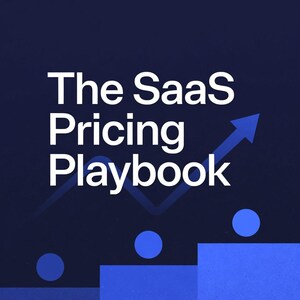 May include: A dark blue graphic with the text "The SaaS Pricing Playbook" in white. A blue arrow points upwards, with blue circles and a staircase design at the bottom. The background is a gradient of dark blue.