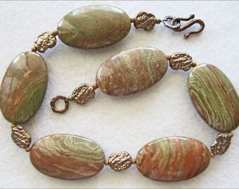 Bold Saturn Jasper & Bronze Necklace in Olive Green and Brick Red