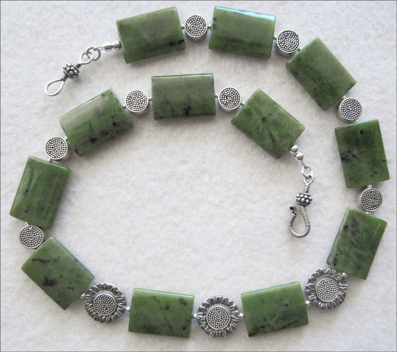 Green Jade Necklace With Sterling Silver Sunflowers Etsy