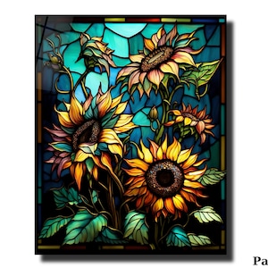 Sunflower Stained Glass Window Hangings Panel, Flower Stained Glass Painting Art Decor Gift, Modern Abstract Wall Art Print, New Home Gift